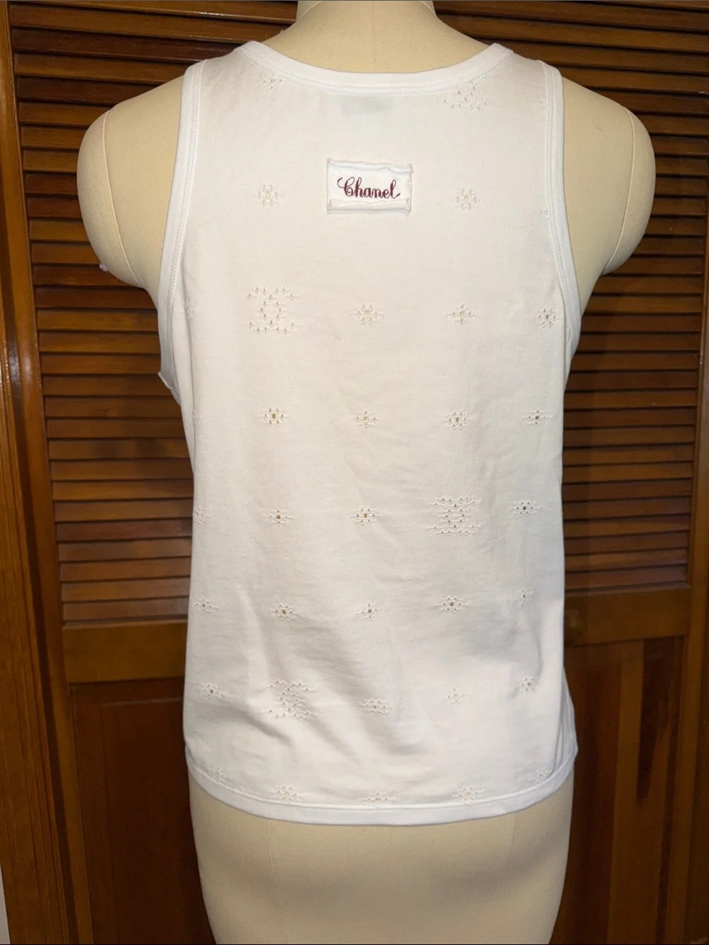 CHANEL White Cotton Eyelet Scoop Neck Tank